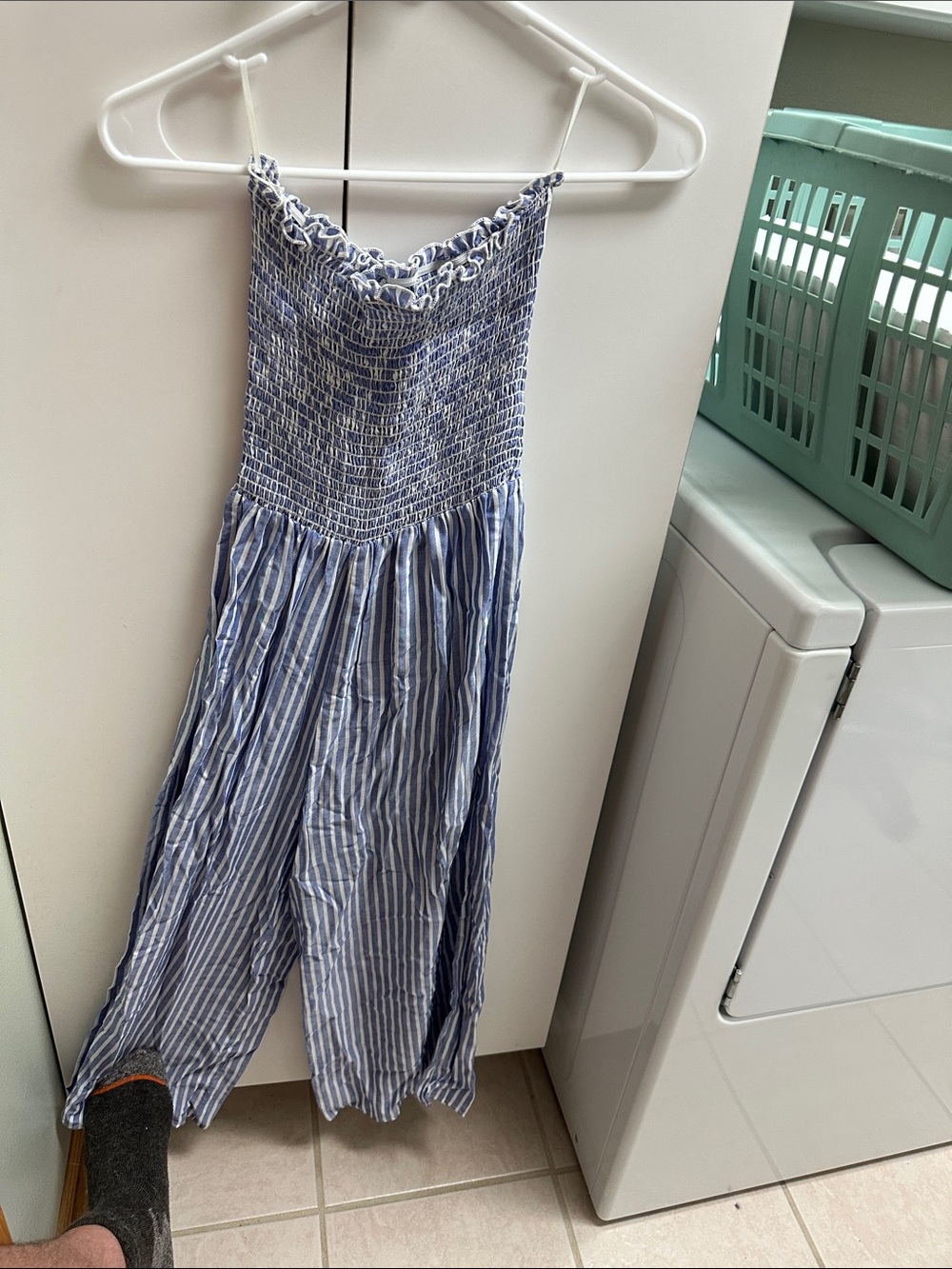 Garage Blue and White Striped Smocked Jumpsuit